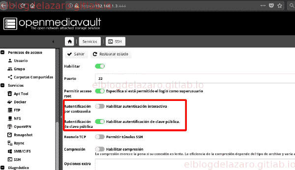 Servicio SSH en el panel de control de OpenMediaVault