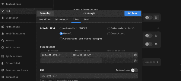 Dirección IP y DNS del cliente WireGuard
