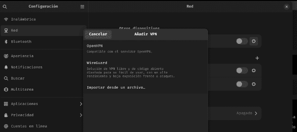 Selección de tipo WireGuard en Gnome