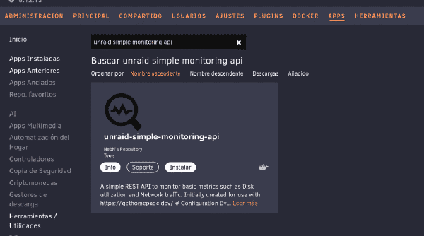 Búsqueda de Unraid Simple Monitoring API en Community Apps