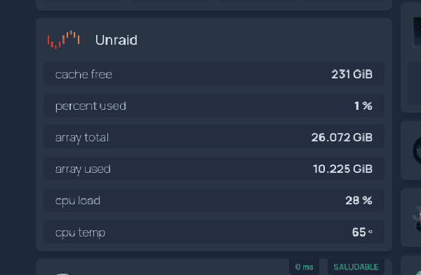 Widget de Unraid en Homepage en formato lista