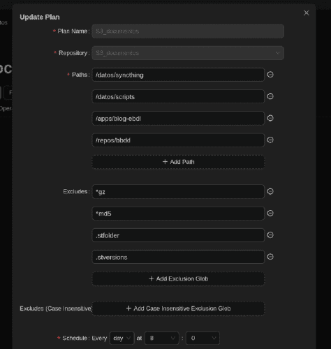 Edición del plan de backup en Backrest