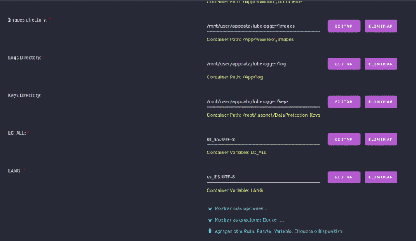 Configuración de volúmenes en Lubelogger