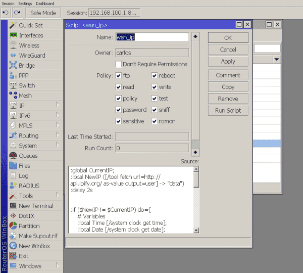 Creación de nuevo script en Mikrotik