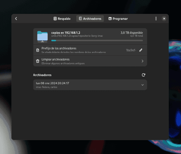 Archivadores disponibles en Pika Backup