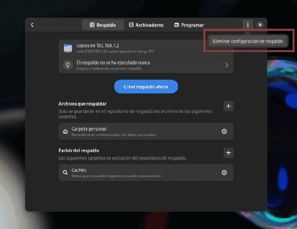 Menú para eliminar repositorio