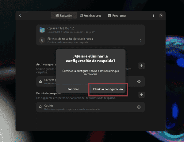 Confirmación de eliminación de configuración