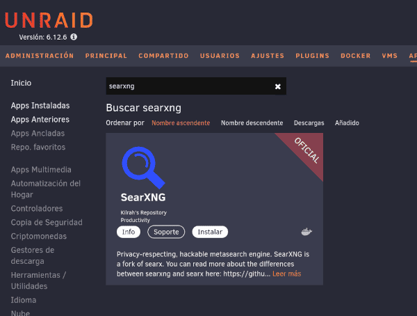Búsqueda de SearXNG en Community Applications de Unraid