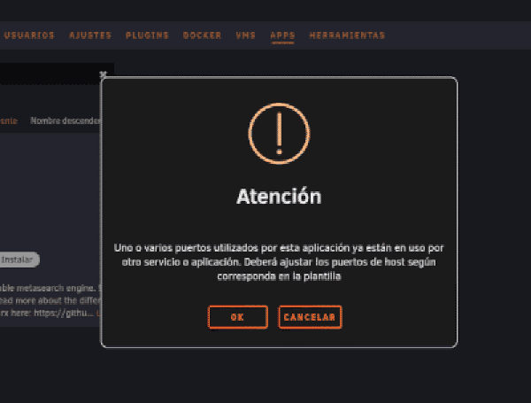 Advertencia de puerto en uso al instalar SearXNG