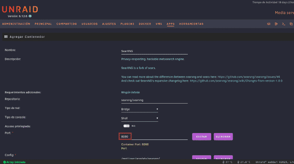 Plantilla de configuración de SearXNG en Unraid