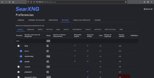 Selección de buscadores en SearXNG