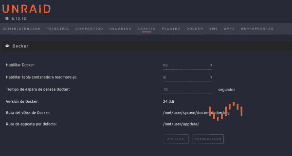 Deshabilitar Docker en ajustes