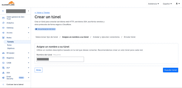 Creación de nuevo túnel en Cloudflare