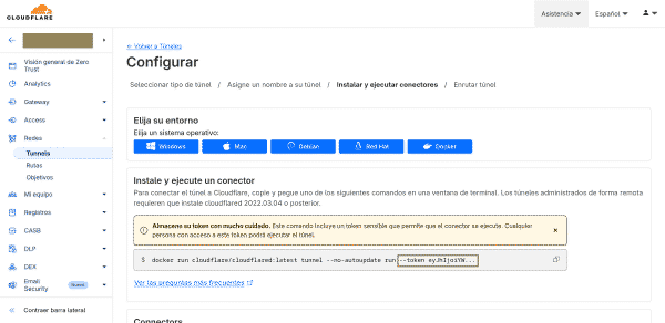 Token de conexión del túnel en Cloudflare