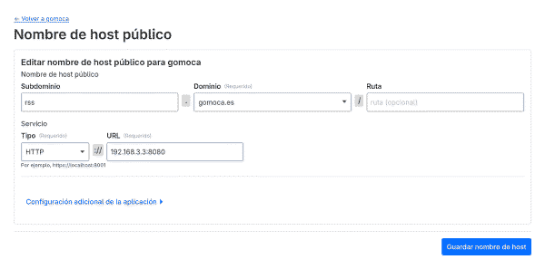 Configuración de nombre de host público en el túnel