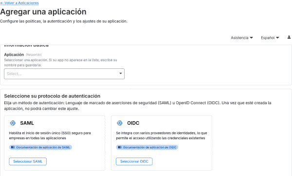 Nombre descriptivo y protocolo OIDC para la aplicación