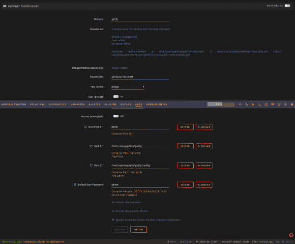 Plantilla de configuración de Gotify en Unraid