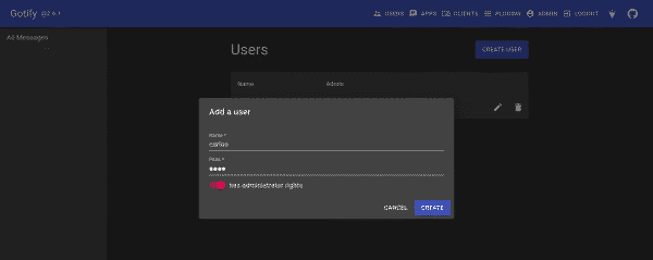 Creación de usuario administrador en Gotify