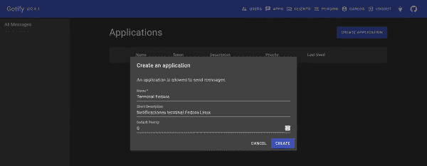 Sección Apps en Gotify para crear aplicaciones