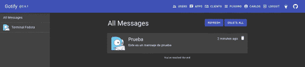 Notificaciones recibidas en Gotify