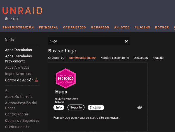Plantilla de Hugo en Community Applications de Unraid