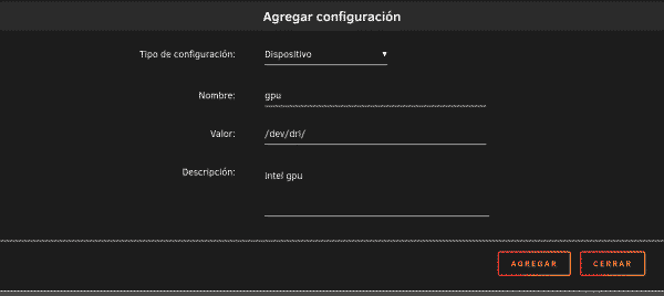 Valor /dev/dri en el campo de dispositivo