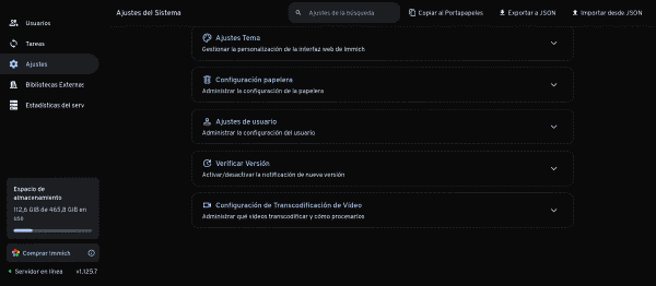 Ajustes de transcodificación en Immich