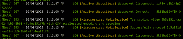 Logs de Immich mostrando transcodificación por GPU