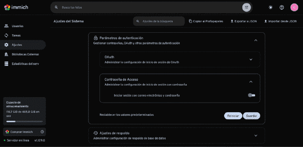 Desactivación de contraseña de acceso en ajustes de Immich