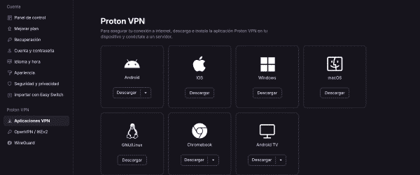 Menú lateral con opciones de descarga de aplicaciones Proton VPN