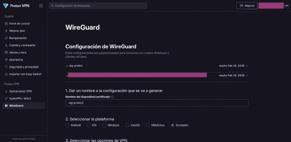Archivos de configuración WireGuard existentes en Proton VPN