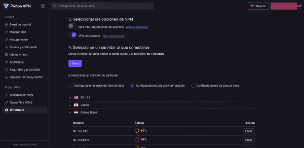 Creación de nuevo cliente WireGuard para enrutador en Proton VPN