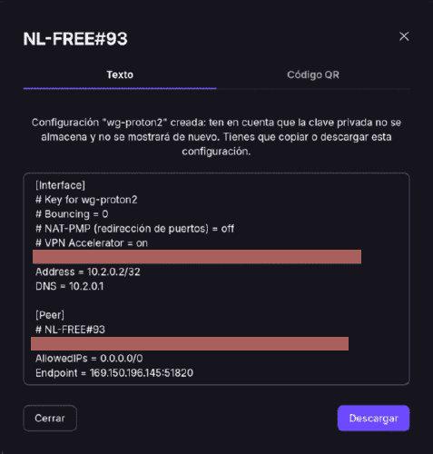 Ventana con datos de conexión y código QR de WireGuard
