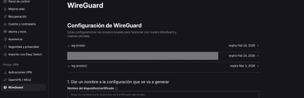 Nuevo cliente WireGuard creado en Proton VPN