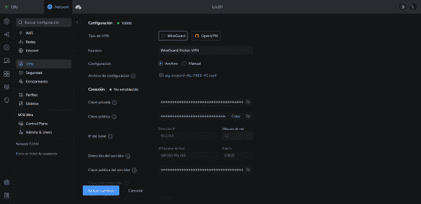 Carga del archivo de configuración WireGuard en UniFi