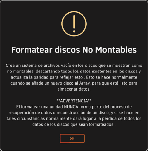 Confirmación del formateo del disco en Unraid