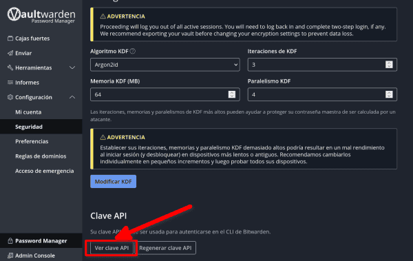 Claves API en la configuración de Vaultwarden