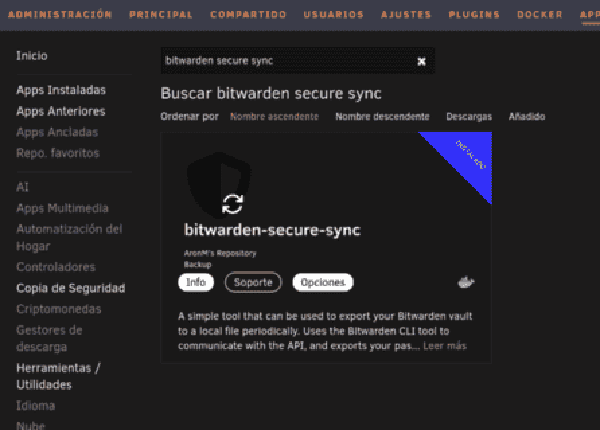 Plantilla de configuración de Bitwarden Secure Sync en Unraid