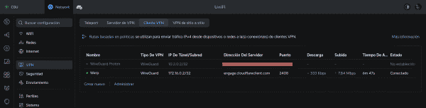 Cliente VPN WGCF conectado en UniFi