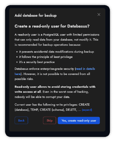 Error al crear usuario de solo lectura en Databasus