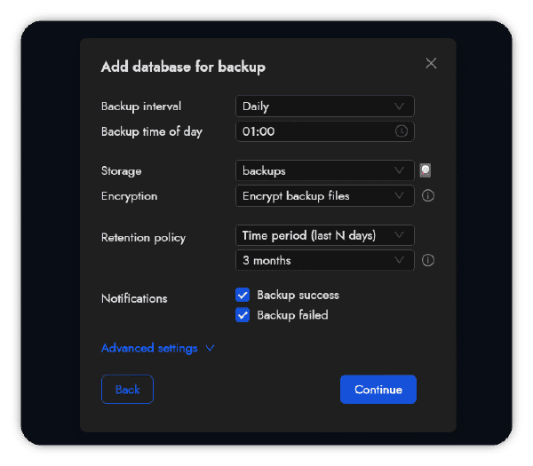 Configuración de retención, cifrado y compresión en Databasus