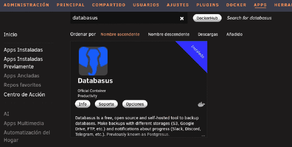 Búsqueda e instalación de Databasus en Community Applications