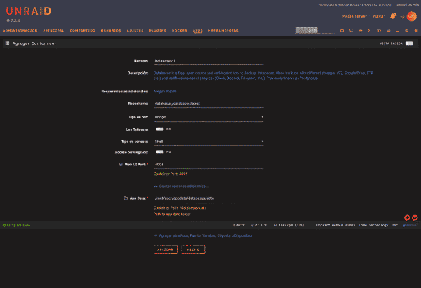 Configuración del contenedor Databasus en Unraid