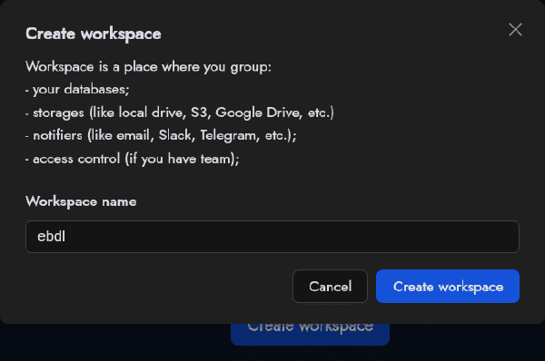 Creación de un workspace en Databasus