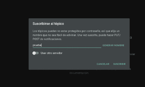 Suscripción al topic de prueba en ntfy