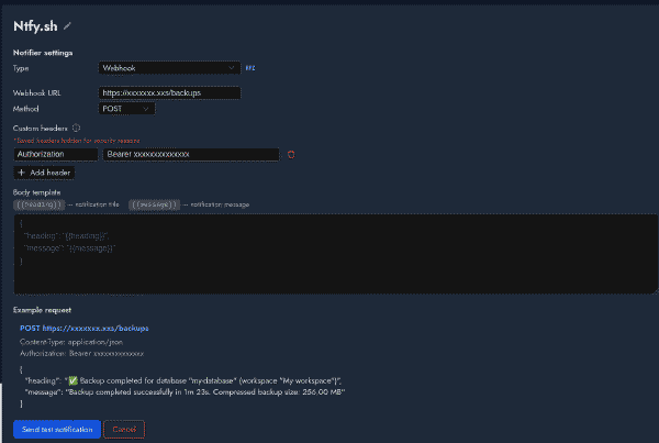 Webhook de Databasus hacia ntfy