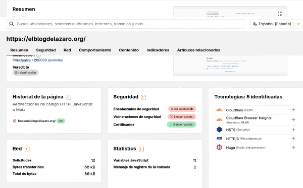 Análisis de Cloudflare Radar mostrando 86 KB