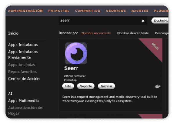 Búsqueda de Seerr en Community Applications de Unraid