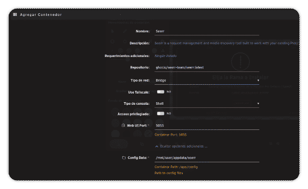 Configuración del contenedor Seerr en Unraid