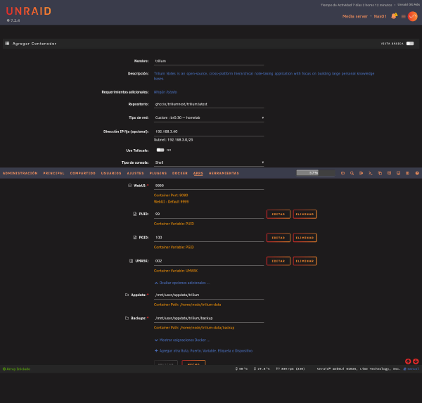 Configuración del contenedor Trilium en Unraid